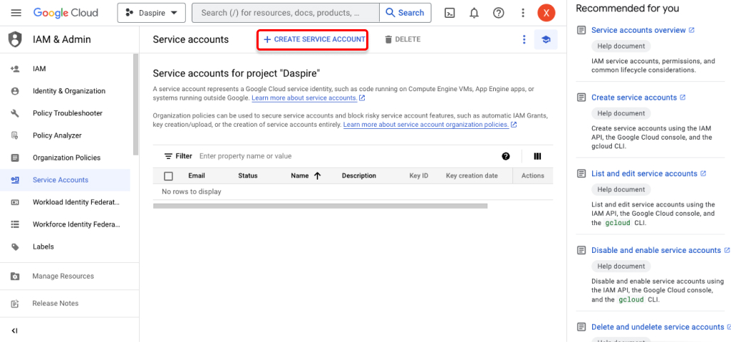 Google Create Service Account