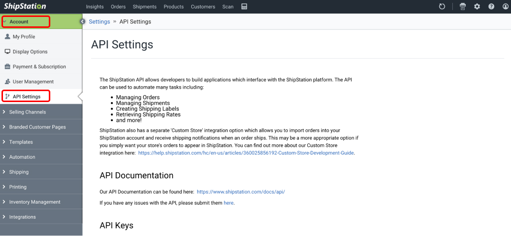 ShipStation API settings