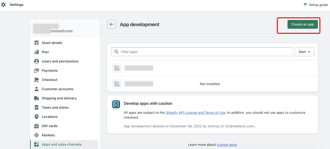 Shopify Create an App