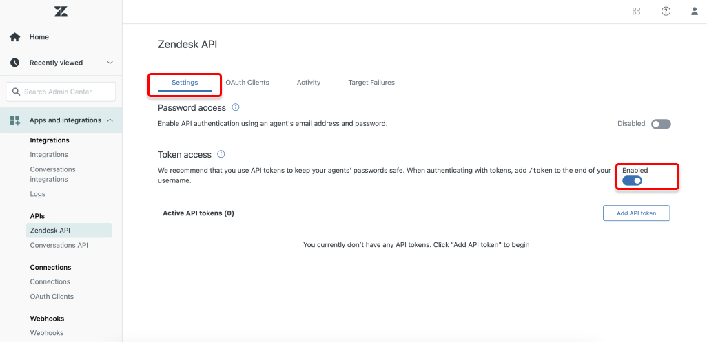 Zendesk Enable Token Access