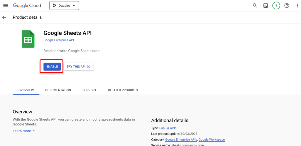 Enable Google Sheets API