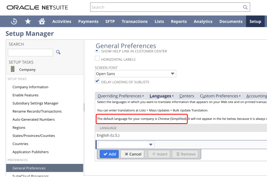 NetSuite Default Company Language