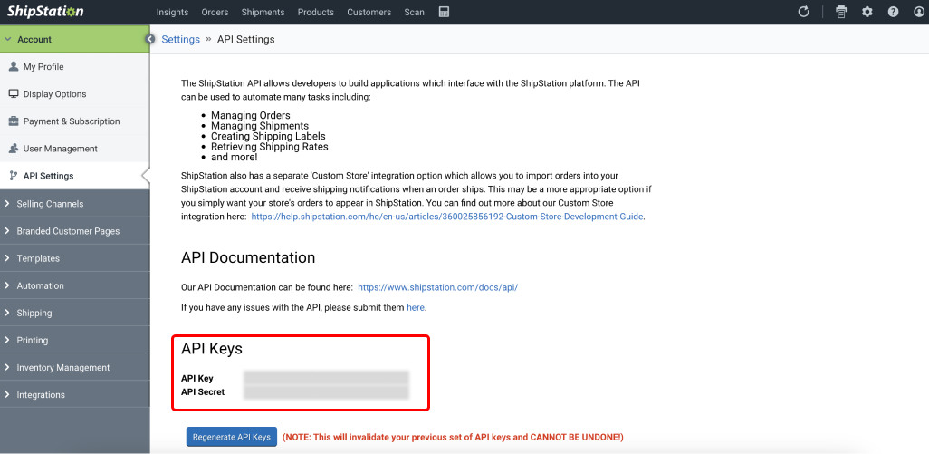 ShipStation API keys