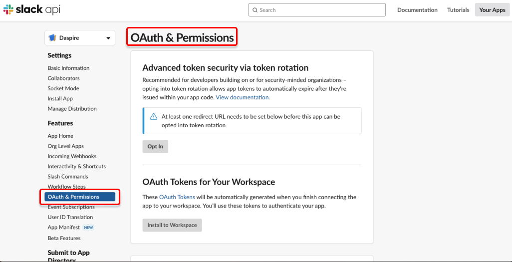 Slack OAuth &amp; Permissions